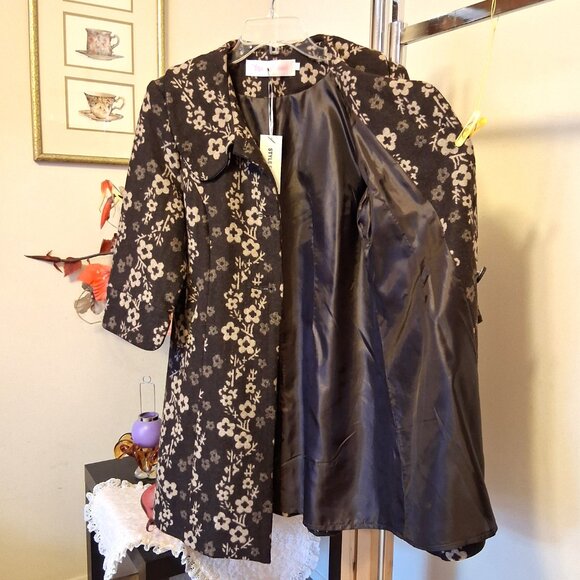 NEW Women’s Elegant Pea Coat Brown Cream Floral Lined Trench Coat ¾ Sleeve 16 XL - Picture 7 of 10